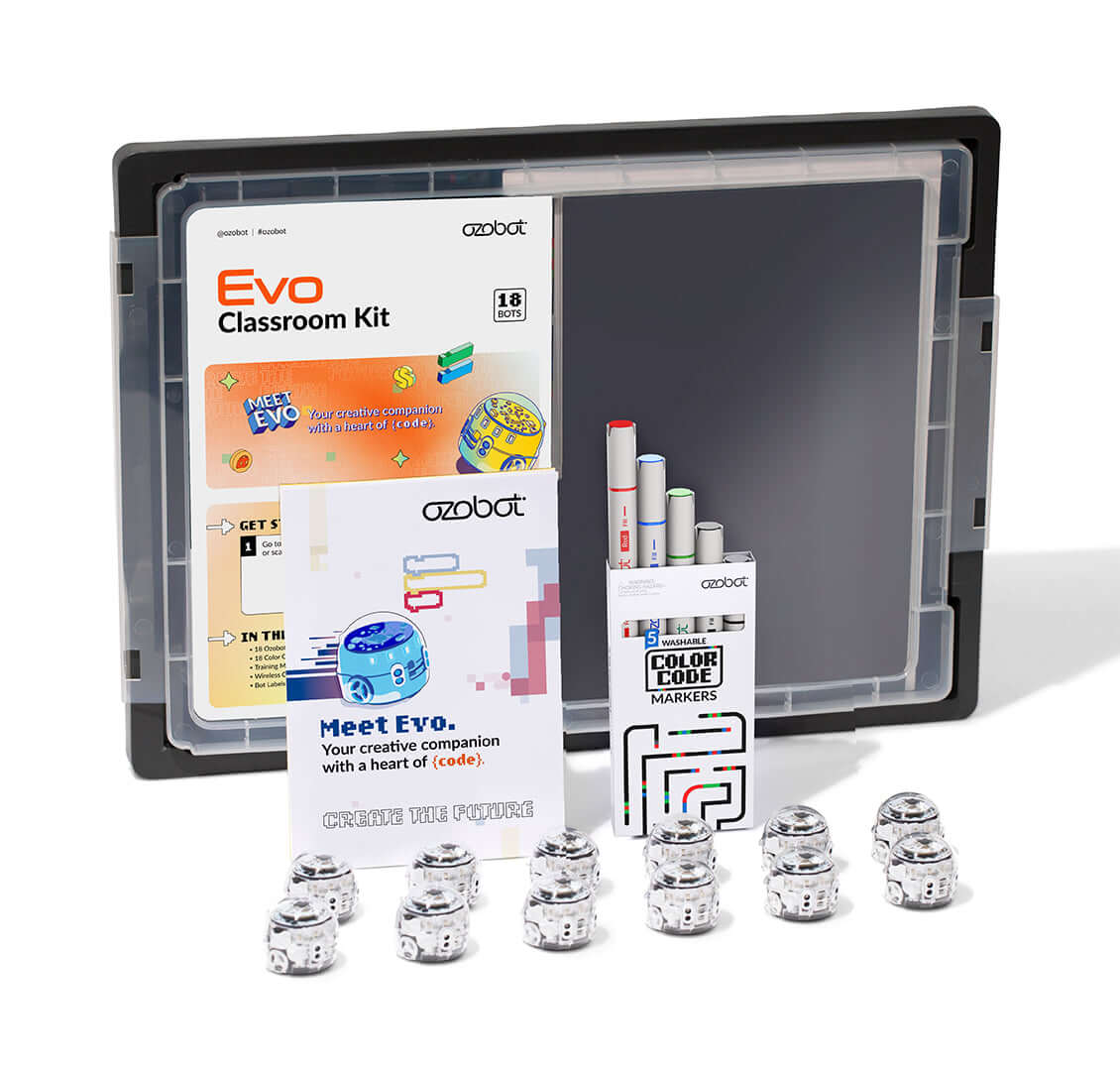Ozobot Evo Classroom Kit (18-pack) with robot figures, color code markers, and instructional materials.