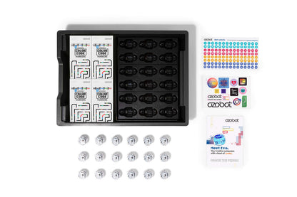 Ozobot Evo Classroom Kit 18-pack with Ozobot robots, coding cards, and accessories for interactive learning.