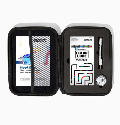 Ozobot Evo Entry Kit open case showing color code markers and educational materials for coding.