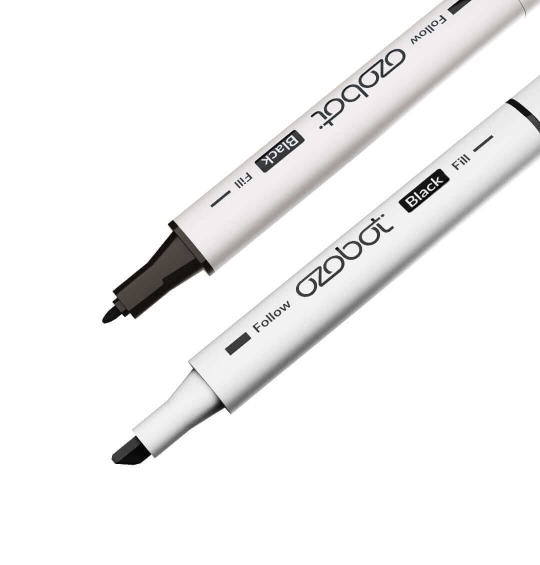 Ozobot washable markers in black and white, designed for coding with Evo and Bit robots, highlighting STEAM learning.