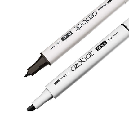 Ozobot washable markers in black and white, designed for coding with Evo and Bit robots, highlighting STEAM learning.