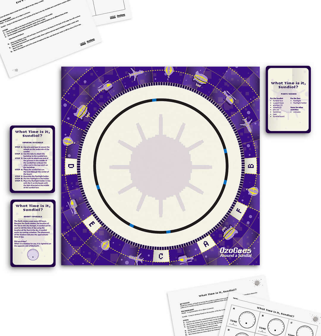 Educational STEAM kit OzoGoes Around A Sundial with interactive activities and solar system theme.