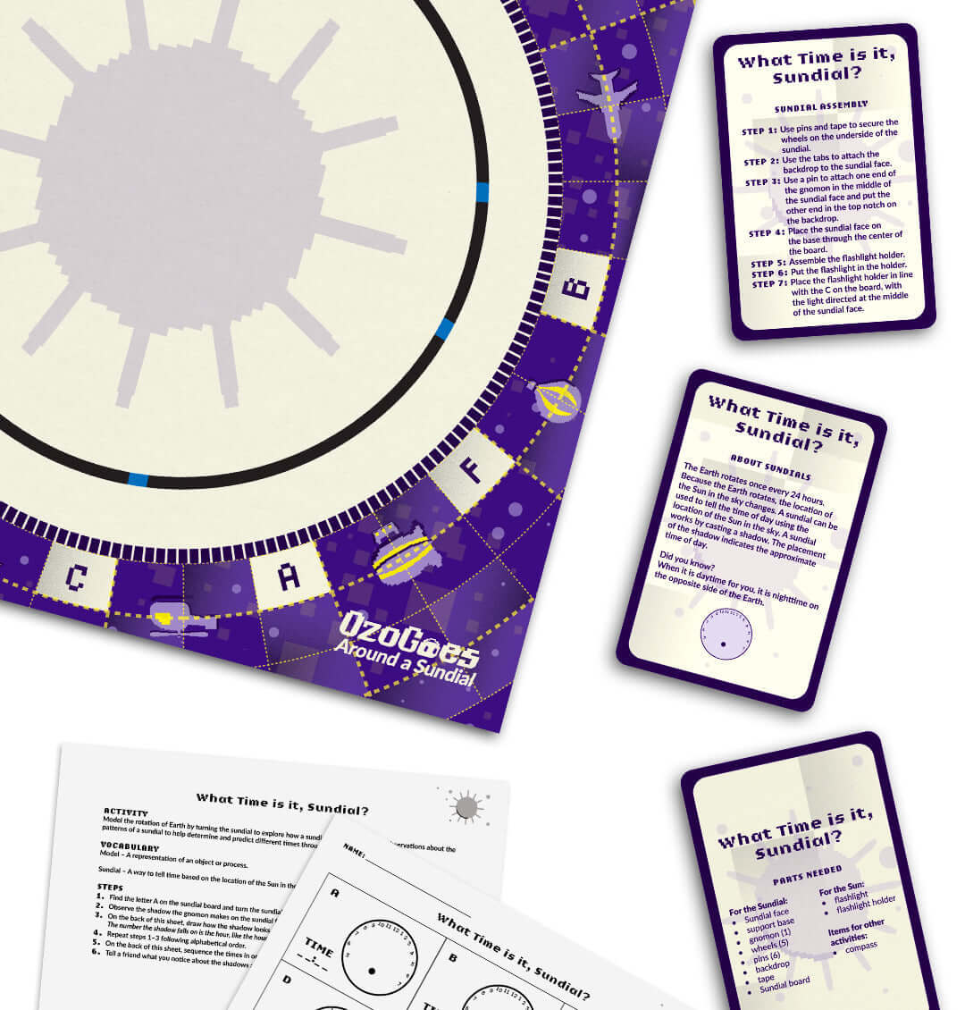 OzoGoes Around A Sundial kit featuring educational cards, worksheets, and circular sundial design for STEAM learning.