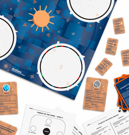 OzoGoes to the Sun, Earth & Moon educational game board with activity cards for STEAM learning.
