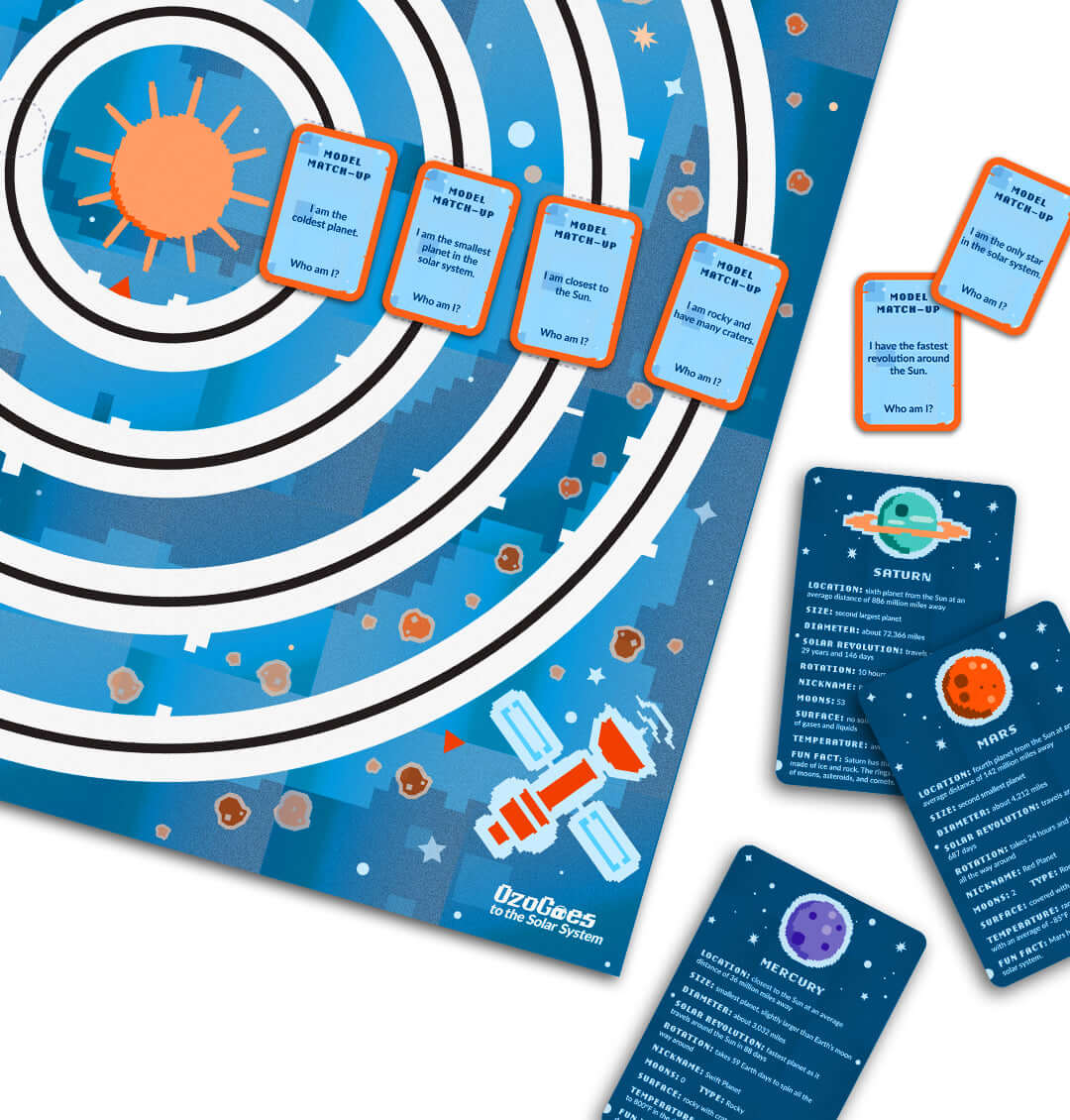 OzoGoes to the Solar System game board with planet cards, promoting STEAM learning and exploration of the solar system.