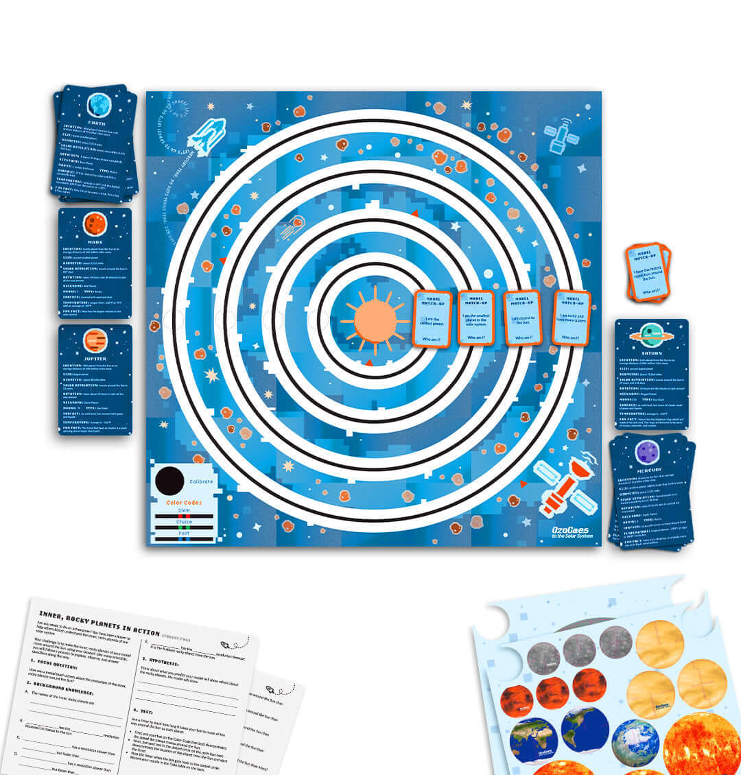 OzoGoes to the Solar System kit with game board, planet cards, and activity sheets for engaging STEAM learning.