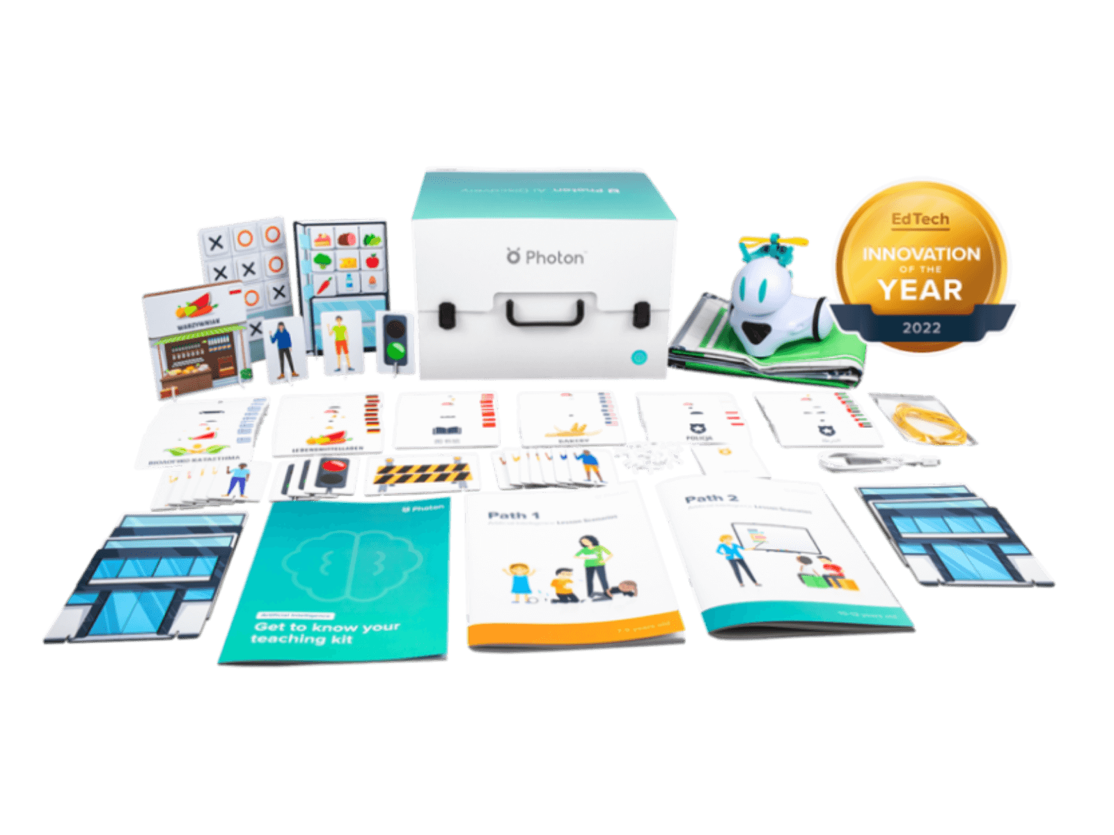 Photon Teaching Kit – AI Discovery includes educational materials and a robot for teaching AI concepts.