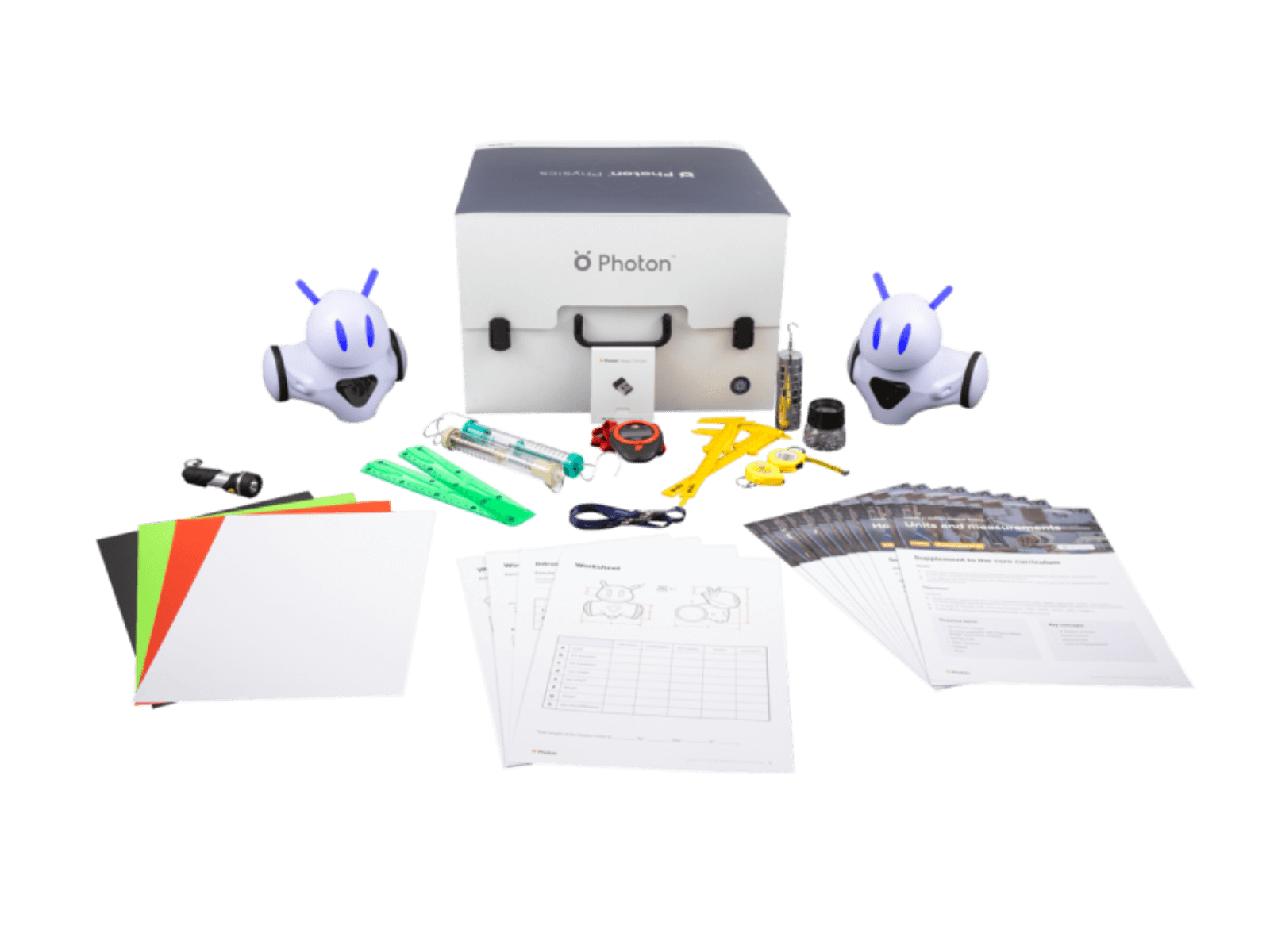 Photon Teaching Kit for physics with various components including robots and educational materials.