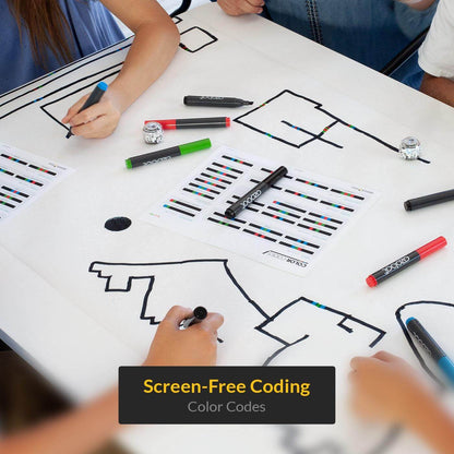 Students engaging in screen-free coding with color codes on paper, using markers and Ozobot robots.