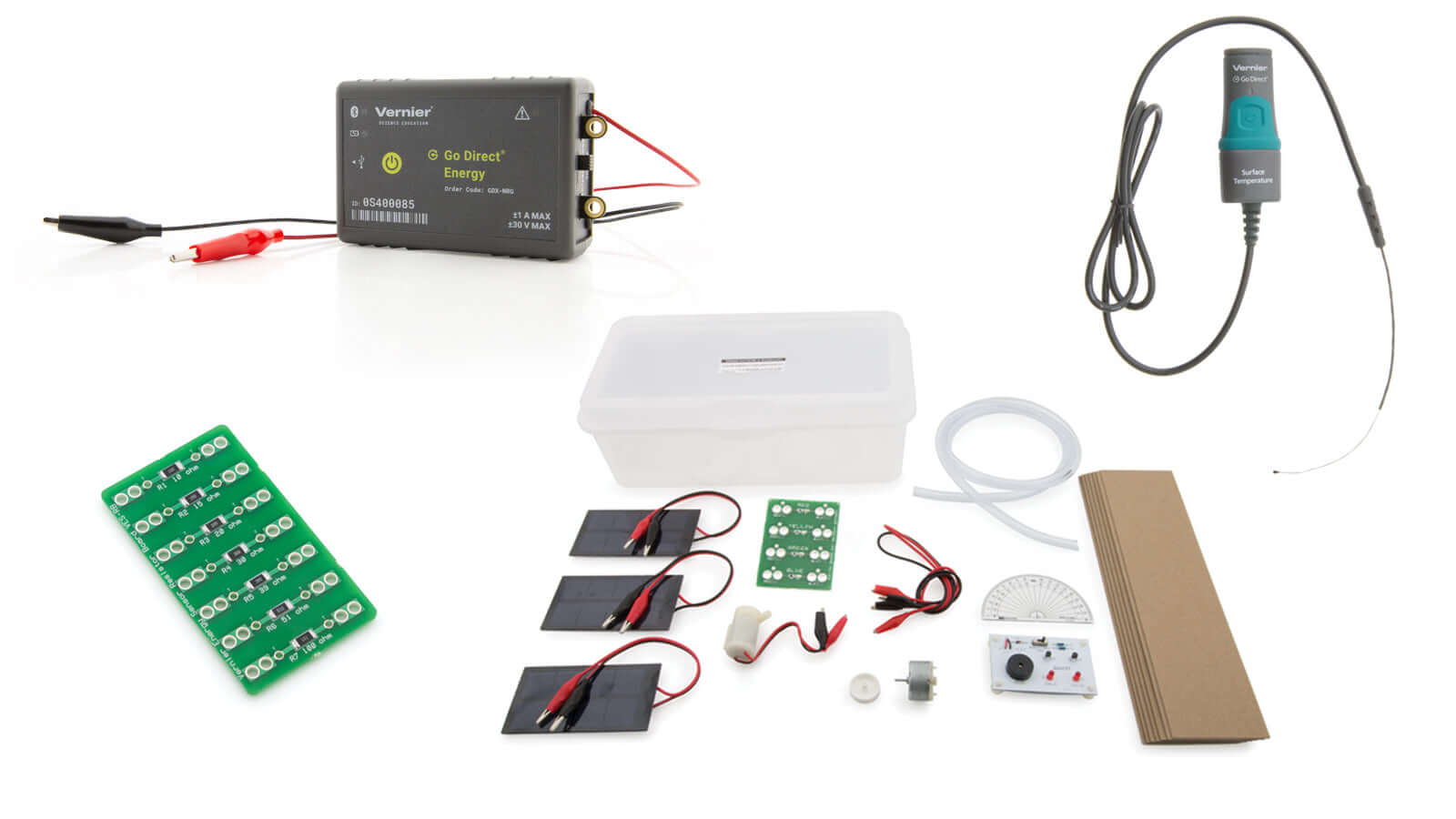 Solar Energy Explorations Go Direct® Package including lab equipment and materials for energy and circuit experiments.