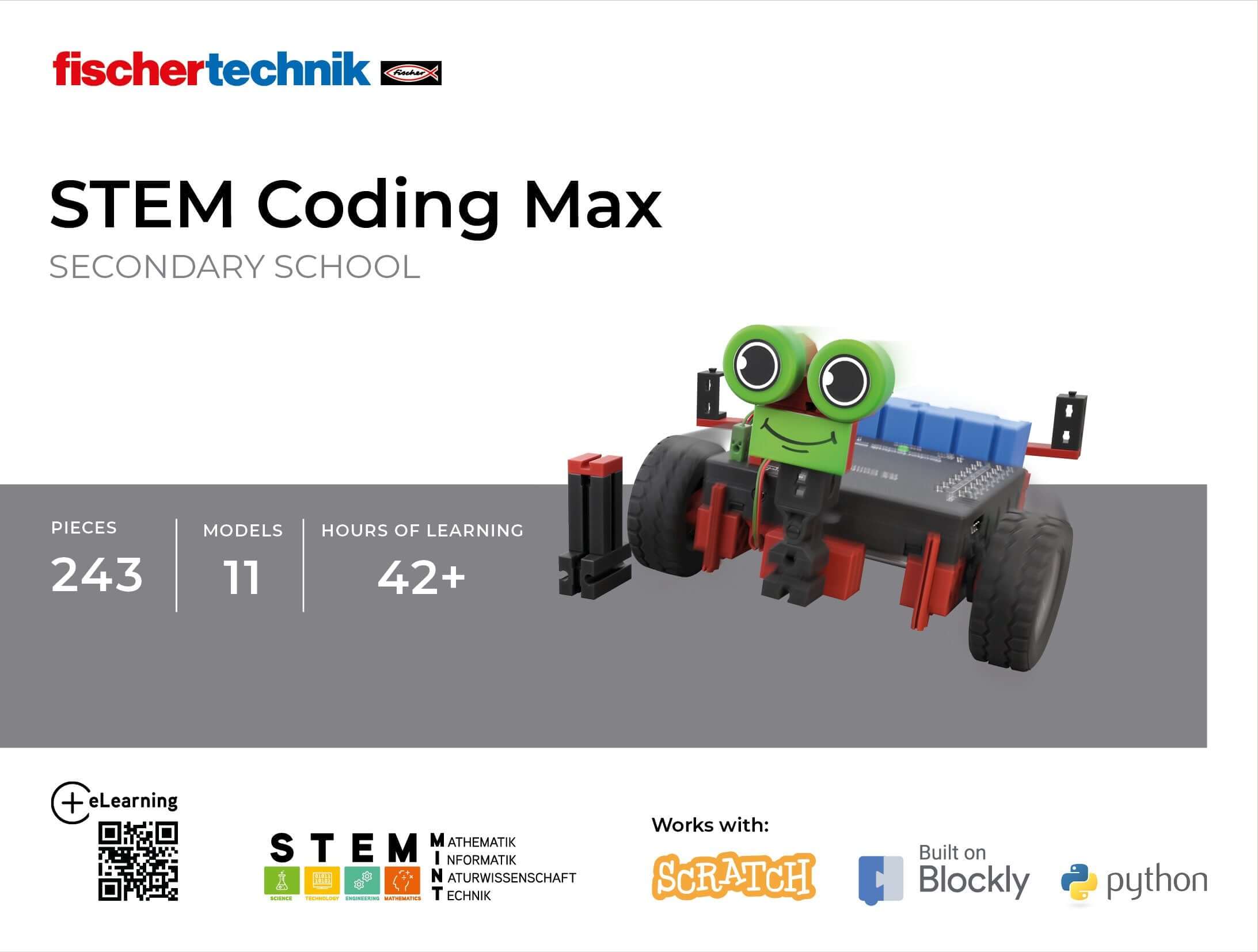STEM Coding Max educational robot kit designed for secondary school, includes 243 pieces, encourages coding and problem-solving.