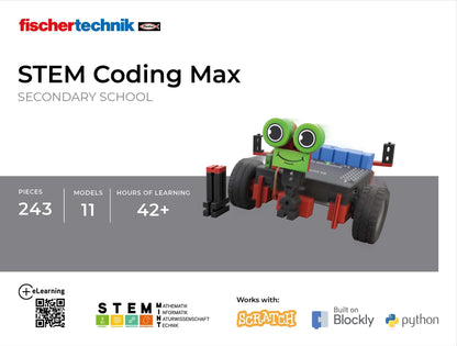 STEM Coding Max educational robot kit designed for secondary school, includes 243 pieces, encourages coding and problem-solving.