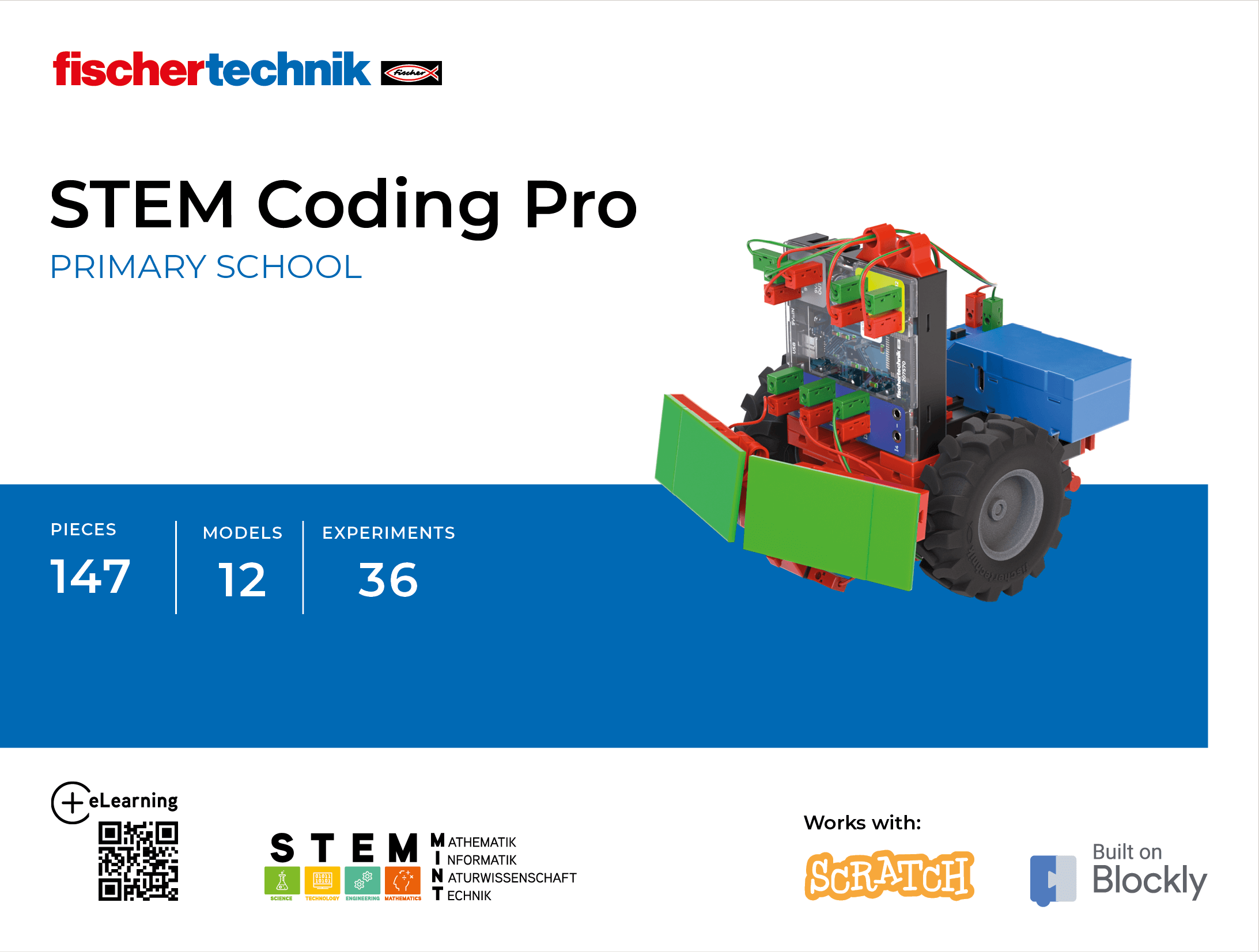 STEM Coding Pro kit for primary school, featuring 147 pieces, 12 models, and 36 experiments in robotics and coding.