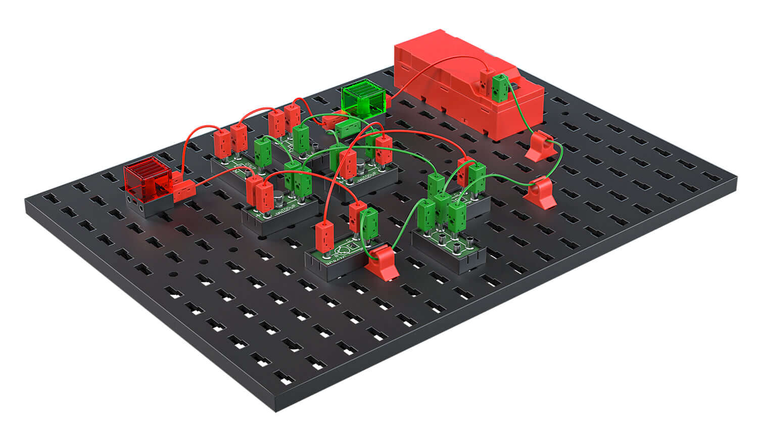 STEM electronics circuit design on a modular board showcasing connections and sustainable components.