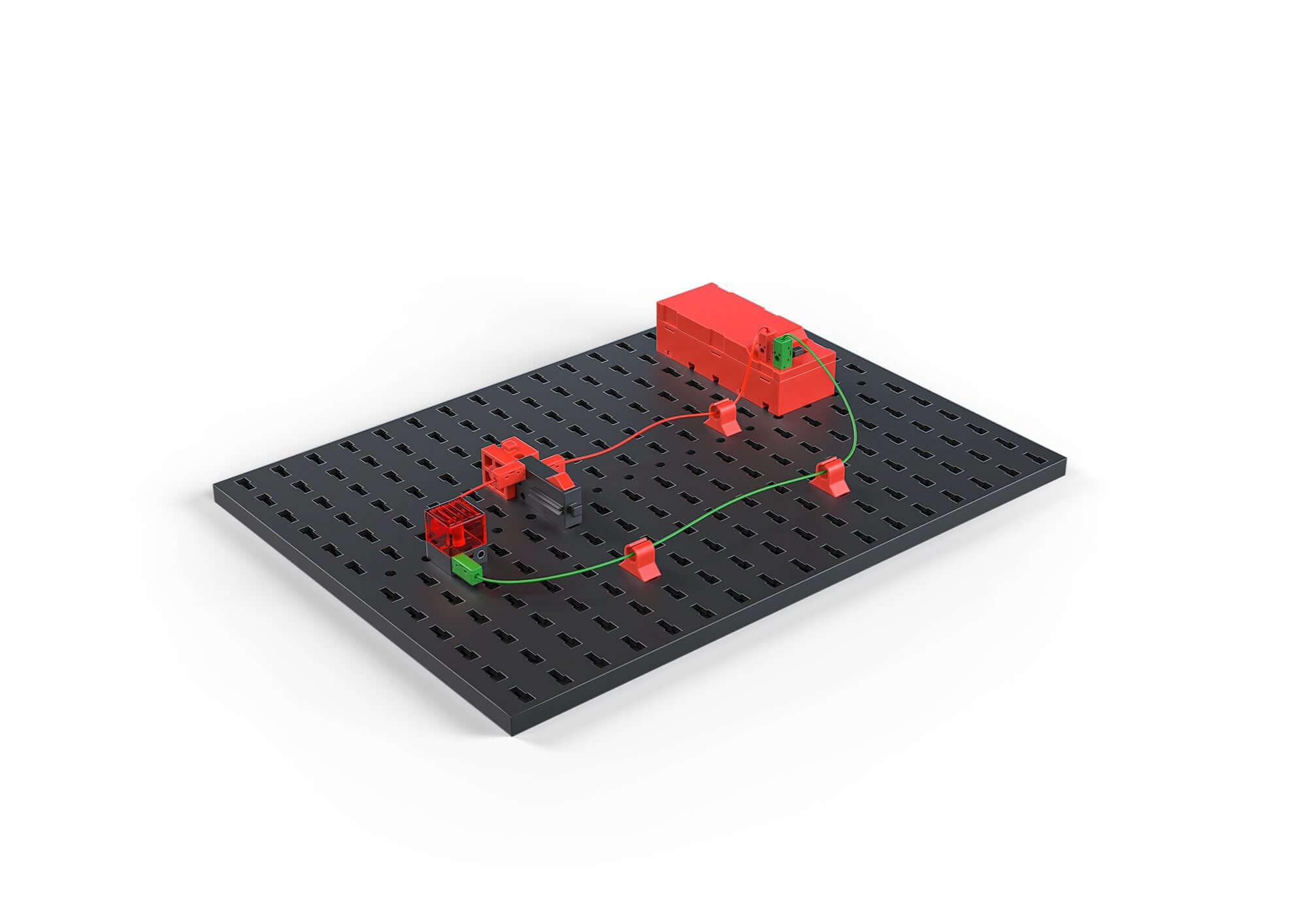 STEM electronics kit showing a sustainable setup with red components on a perforated black base.