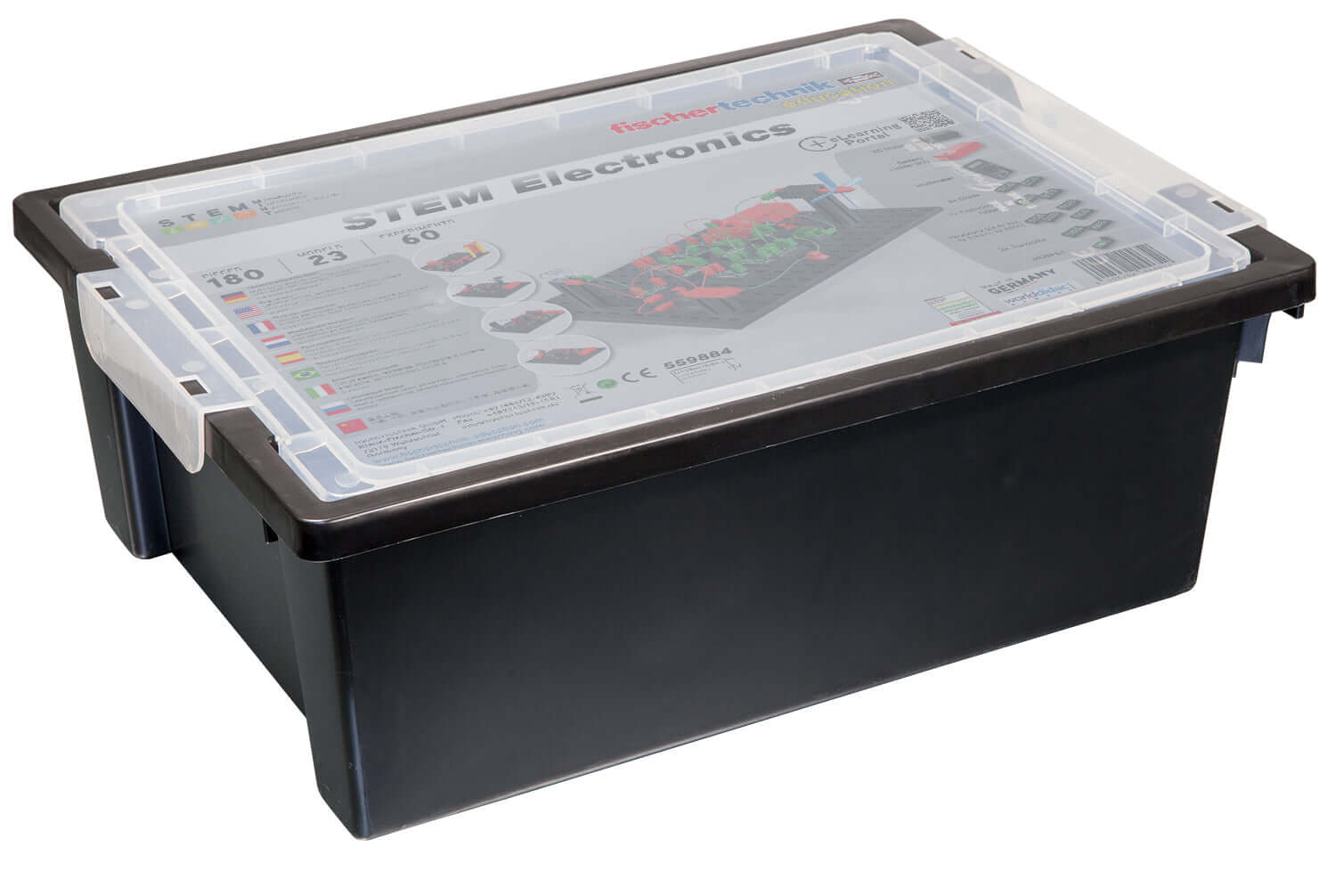 STEM Electronics kit in a clear lid container, promoting understanding and sustainability in electronics.