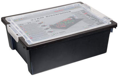 STEM Electronics kit in a clear lid container, promoting understanding and sustainability in electronics.