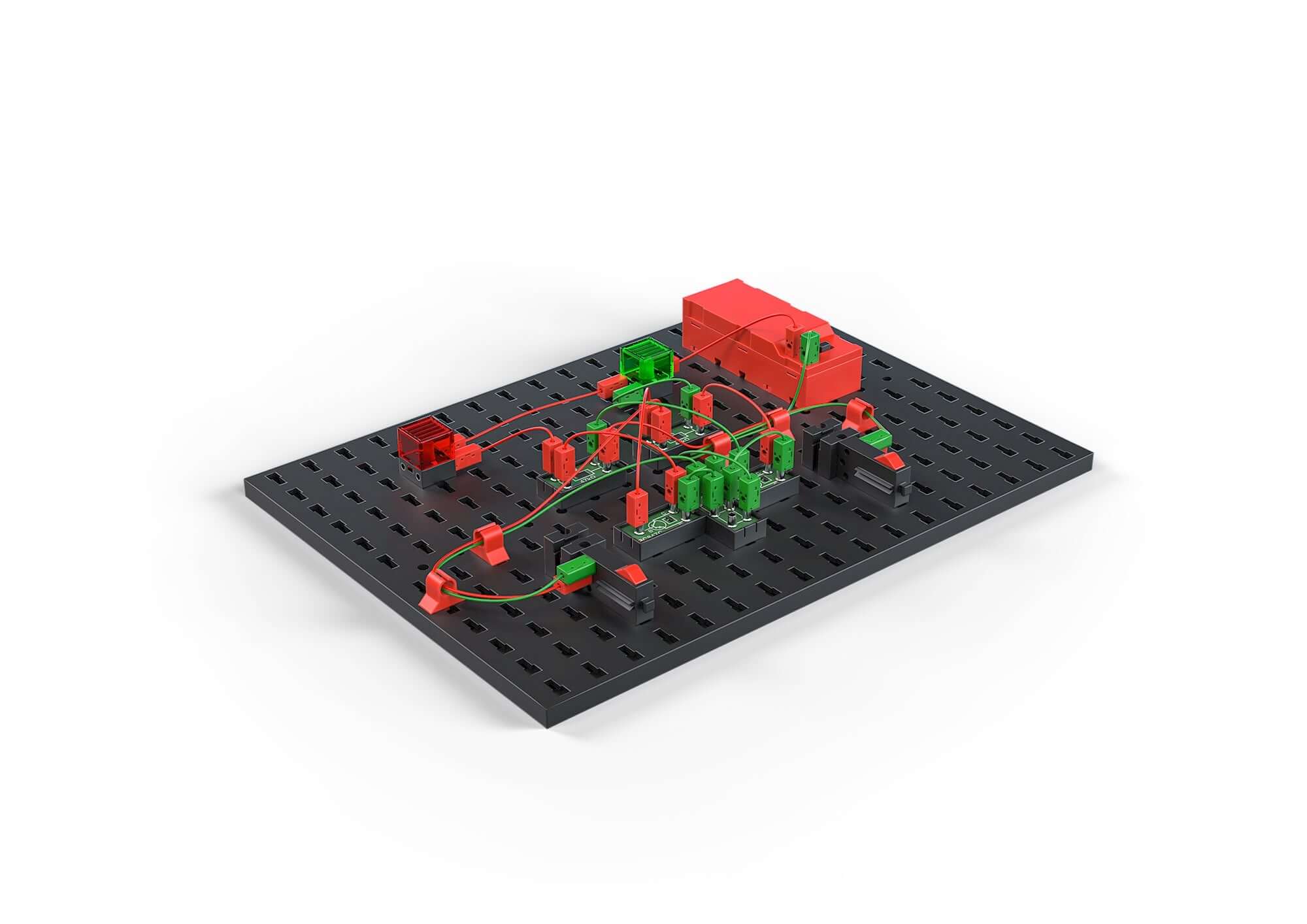 STEM electronics set featuring vibrant components and circuits on a black base, promoting sustainable learning.