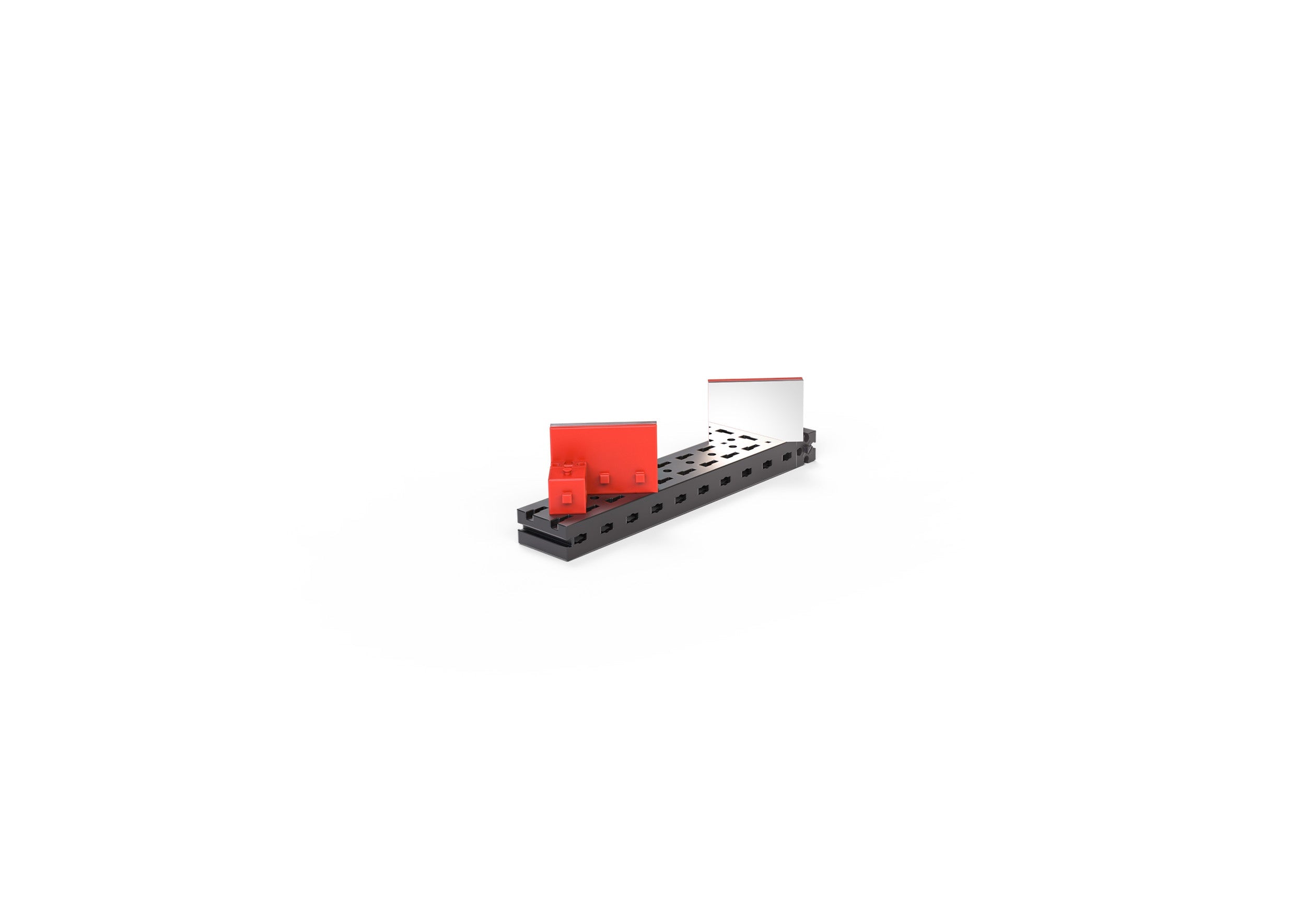 Interactive STEM Optics set displaying red and clear plastic elements on a base for educational exploration.
