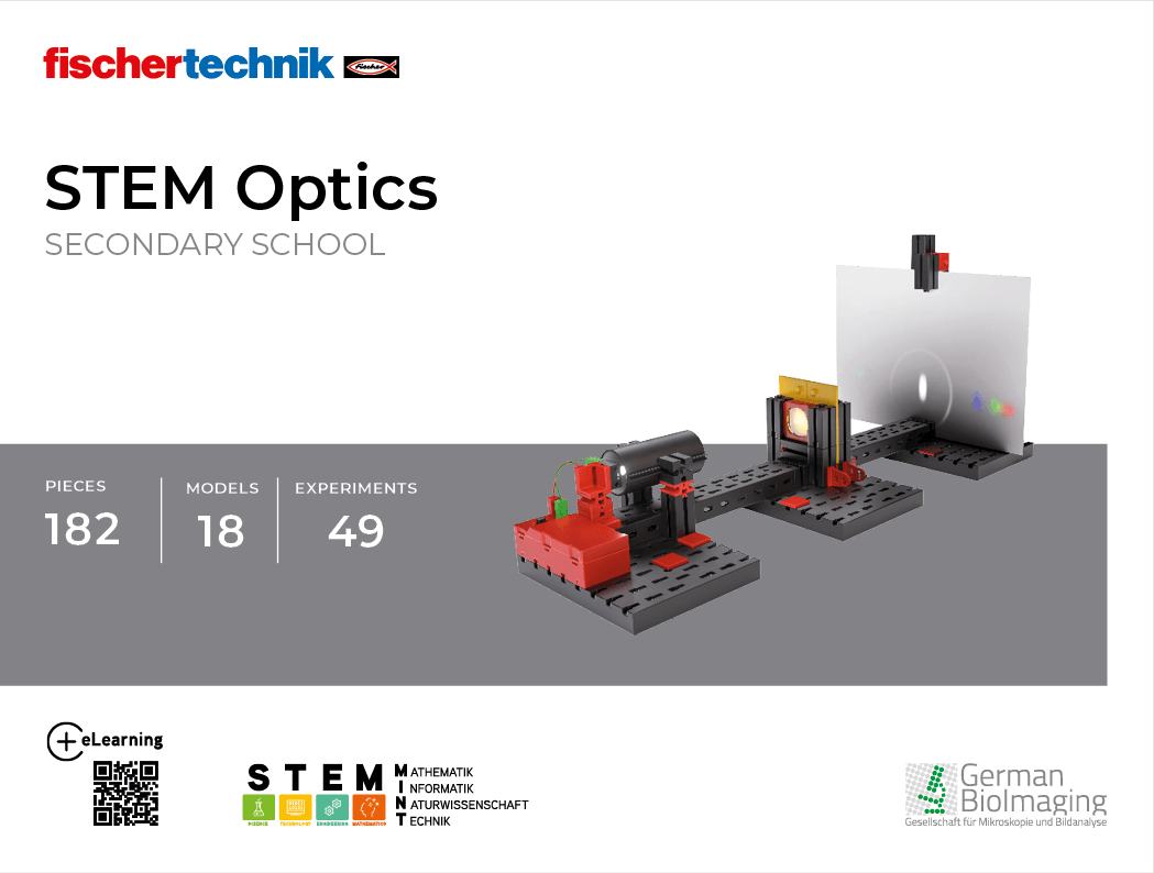 STEM Optics educational kit featuring pieces for 49 experiments related to basic optics principles.
