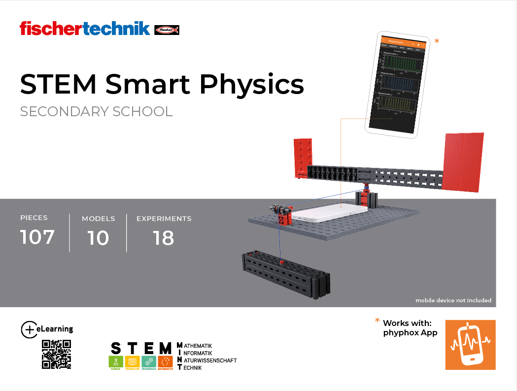 STEM Smart Physics kit for secondary school with 107 pieces, 10 models, and 18 experiments for construction and data analysis.