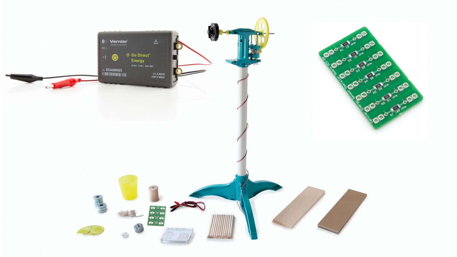 Wind Energy Explorations Go Direct® Package components including turbine model and lab materials for students.